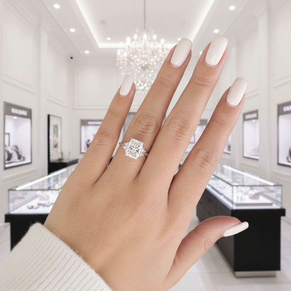 Three Stone Radiant Cut Diamond Engagement Ring-Black Diamonds New York