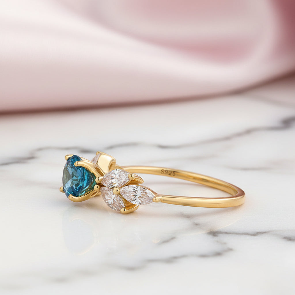 Vintage Art Deco Yellow Gold Round Cut Montana Blue Sapphire Engagement Ring-Black Diamonds New York