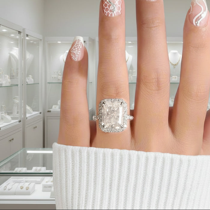 White Gold 6ct Radiant Cut Solitaire Halo Engagement Ring-Black Diamonds New York