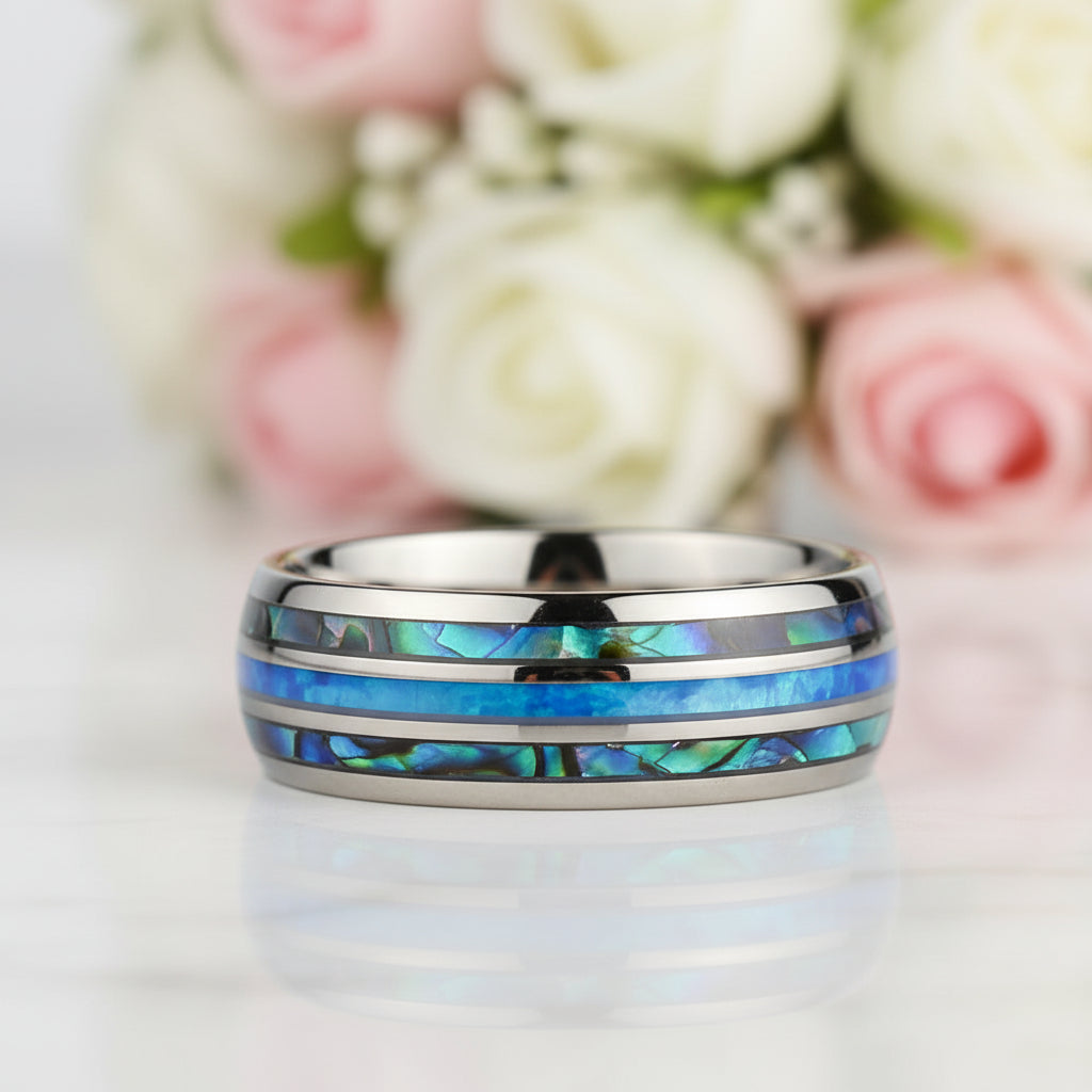 Abalone Shell Grooved Opal Tungsten Wedding Band-Black Diamonds New York