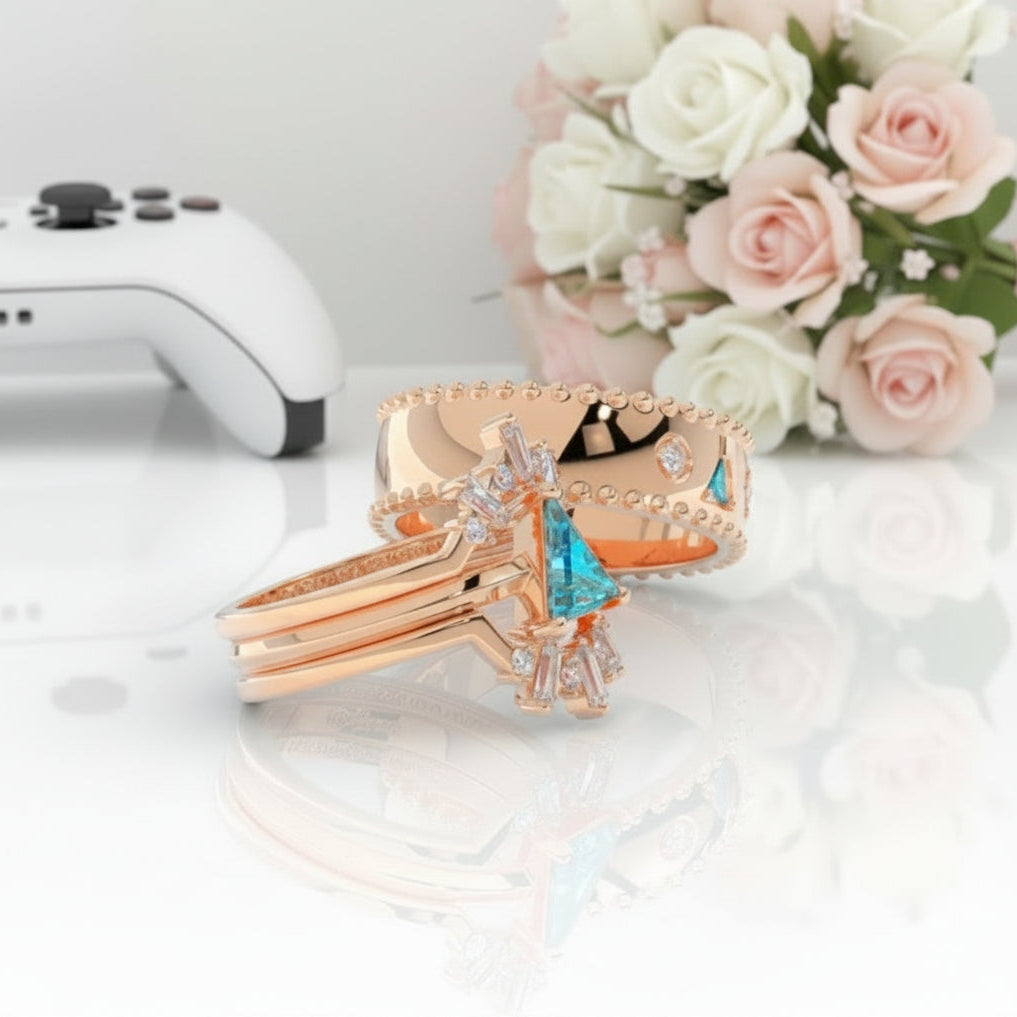 Alchemist 3 Piece Ring Set (Women)- 14k Rose Gold Video Game Inspired Rings-Black Diamonds New York