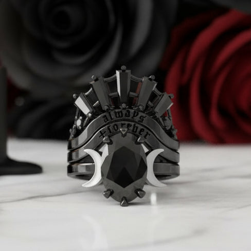 Always and Forever Promise Rings - Oval Cut Diamond Gothic Bridal Set in 14K Rose Gold-Black Diamonds New York