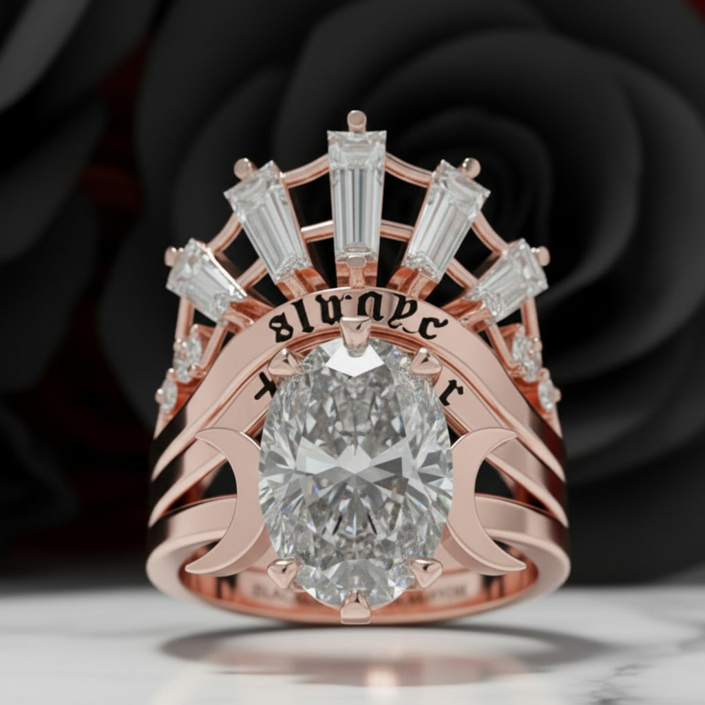 Always and Forever Promise Rings - Oval Cut Diamond Option Gothic Bridal Set in 14K Rose Gold-Black Diamonds New York