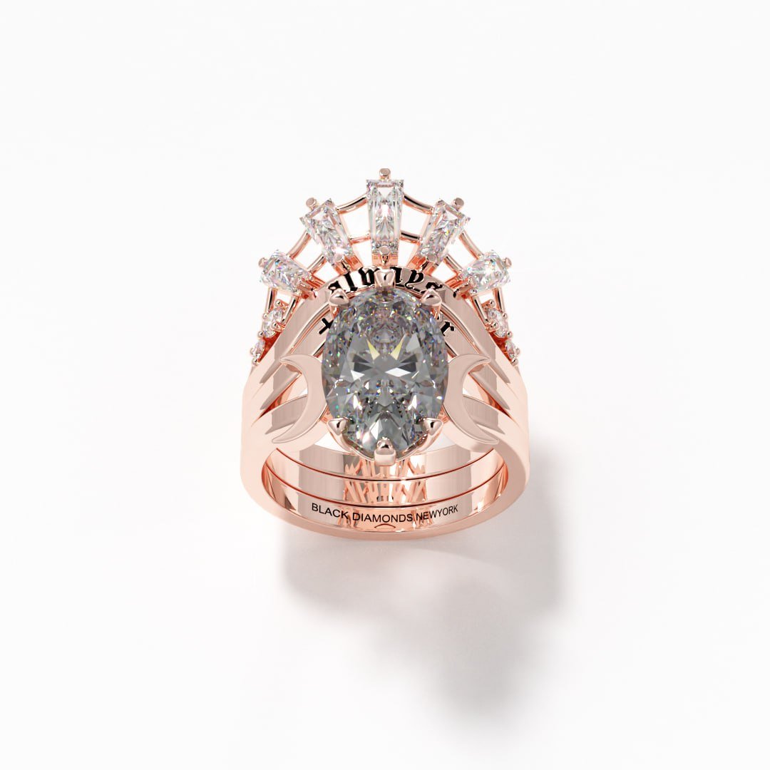 Always and Forever Promise Rings- Oval Cut Diamond Gothic Bridal Set in 14k Rose Gold - Black Diamonds New York