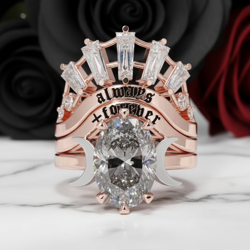 Always and Forever Promise Rings - Oval Cut Diamond Option Gothic Bridal Set in 14K Rose Gold-Black Diamonds New York