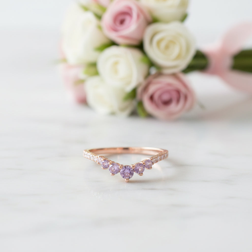 Amethyst Purple Thin Stacking Wedding Band-Black Diamonds New York