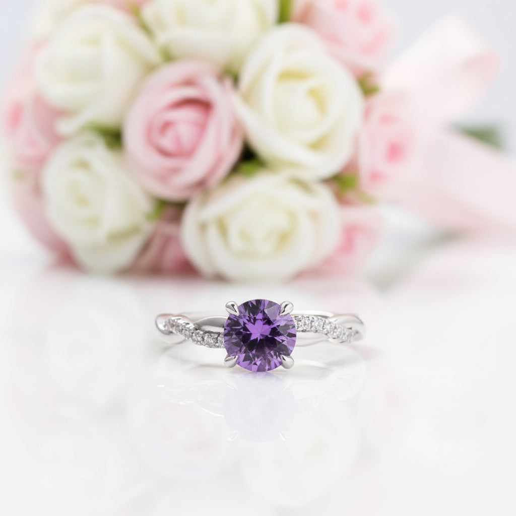 Amethyst Purple Twist Round Cut Engagement Ring-Black Diamonds New York