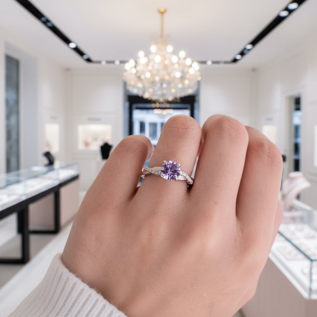 Amethyst Purple Twist Round Cut Engagement Ring-Black Diamonds New York