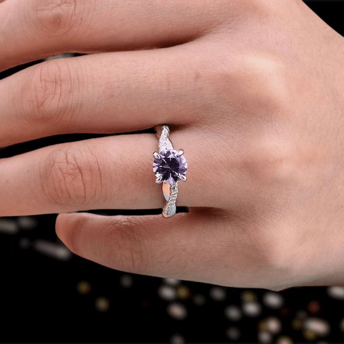 Amethyst Purple Twist Round Cut Engagement Ring – Black Diamonds