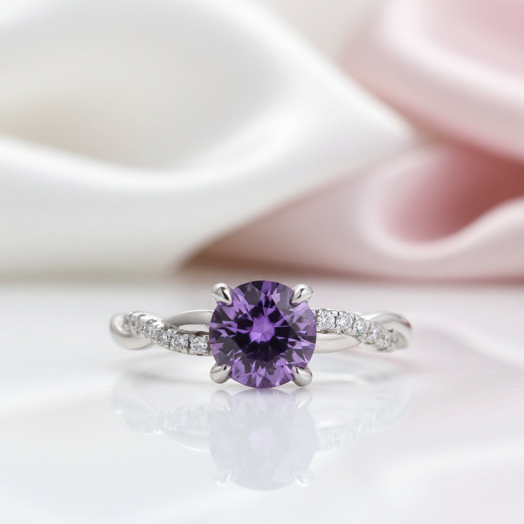Amethyst Purple Twist Round Cut Engagement Ring-Black Diamonds New York
