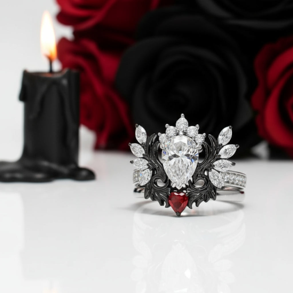 Angel's Wings- 14k White Gold Pear Cut and Red Heart Diamond Gothic Promise Ring-Black Diamonds New York