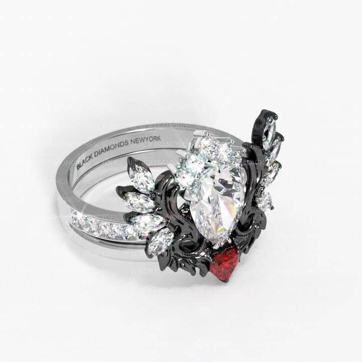 Angel's Wings- 14k White Gold Pear Cut and Red Heart Moissanite Gothic Promise Ring - Black Diamonds New York