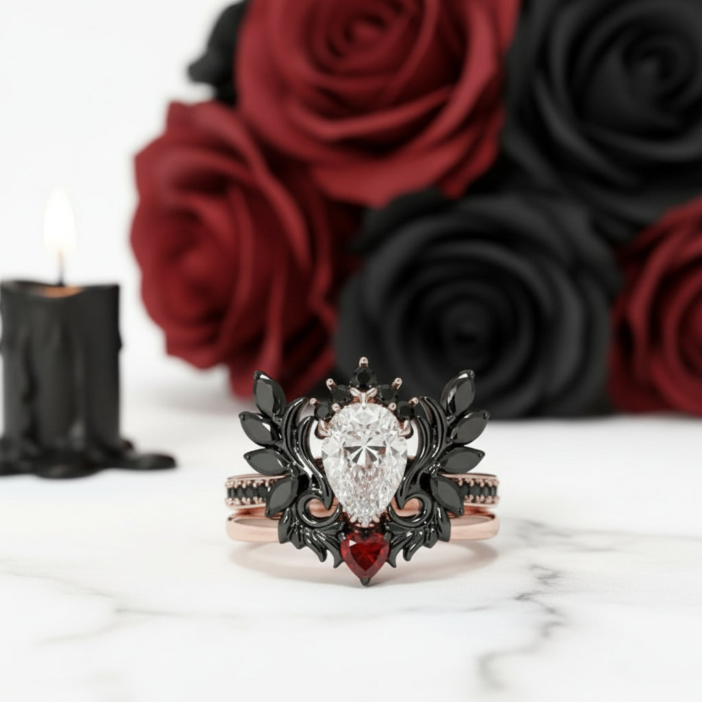 Angel's Wings- 14k White Gold Pear Cut and Red Heart Diamond Gothic Promise Ring-Black Diamonds New York