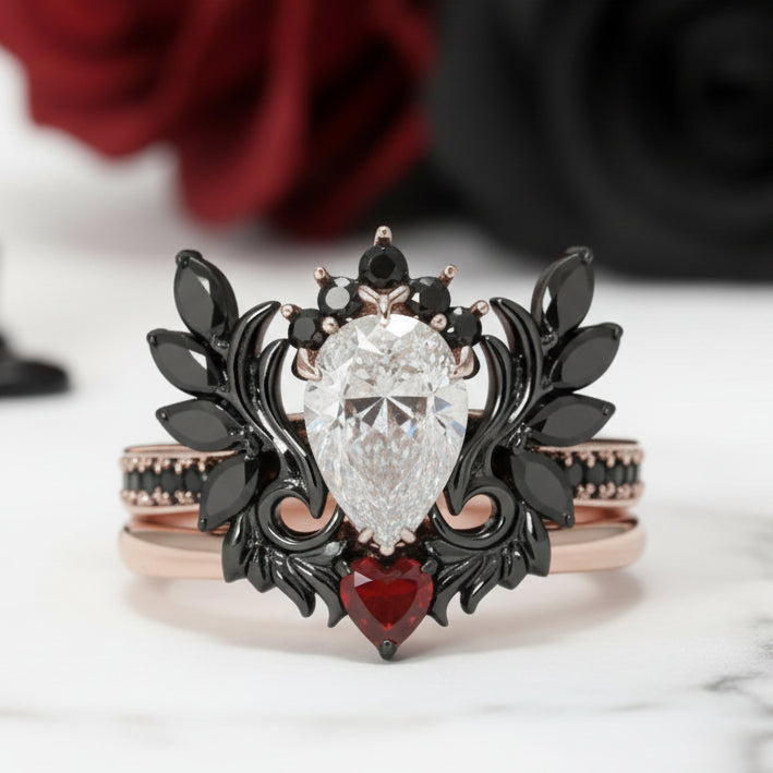 Angel's Wings- 14k White Gold Pear Cut and Red Heart Diamond Option Gothic Promise Ring-Black Diamonds New York