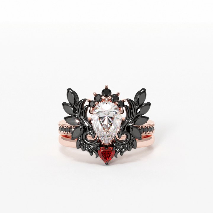 Angel's Wings- 14k White Gold Pear Cut and Red Heart Moissanite Gothic Promise Ring-Black Diamonds New York