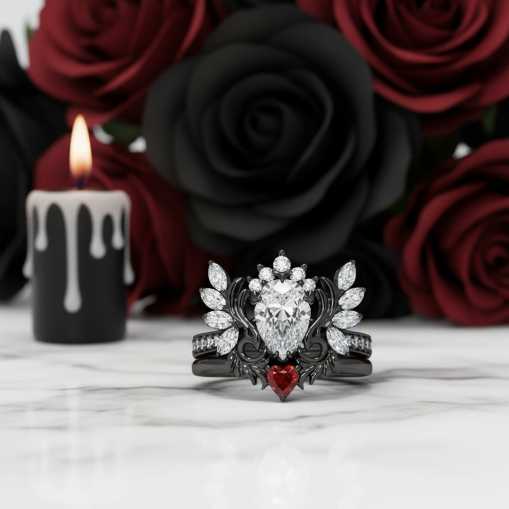 Angel's Wings- 14k White Gold Pear Cut and Red Heart Diamond Gothic Promise Ring-Black Diamonds New York