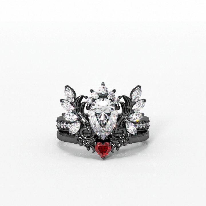 Angel's Wings- 14k White Gold Pear Cut and Red Heart Moissanite Gothic Promise Ring - Black Diamonds New York