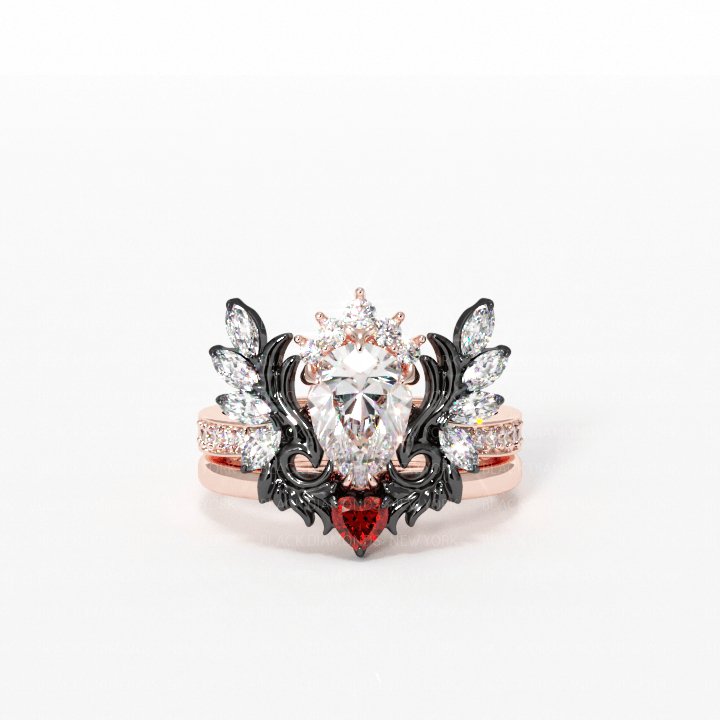 Angel's Wings- 14k White Gold Pear Cut and Red Heart Diamond Gothic Promise Ring-Black Diamonds New York