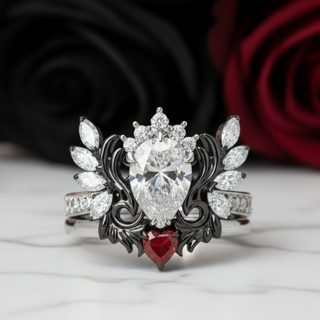 Angel's Wings- 14k White Gold Pear Cut and Red Heart Diamond Option Gothic Promise Ring-Black Diamonds New York