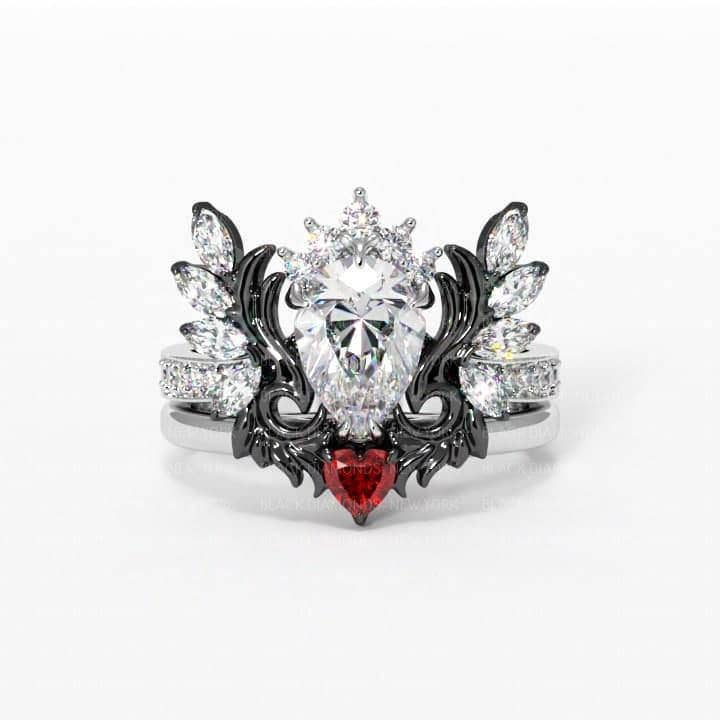Angel's Wings- 14k White Gold Pear Cut and Red Heart Moissanite Gothic Promise Ring-Black Diamonds New York