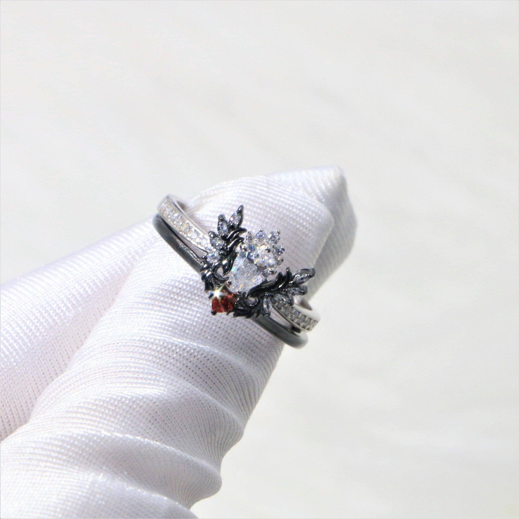 Angel's Wings- 14k White Gold Pear Cut and Red Heart Diamond