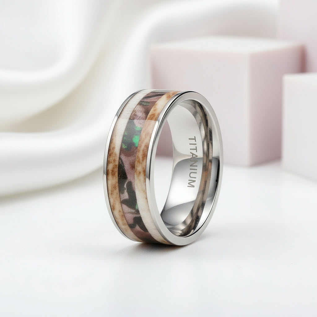 Antler Camouflage Granite Titanium Wedding Band-Black Diamonds New York
