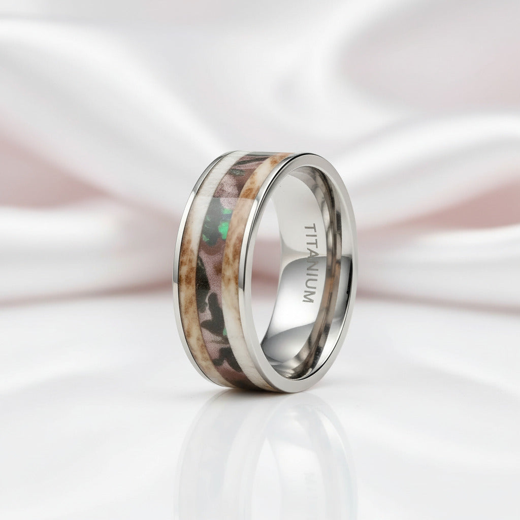 Antler Camouflage Granite Titanium Wedding Band-Black Diamonds New York