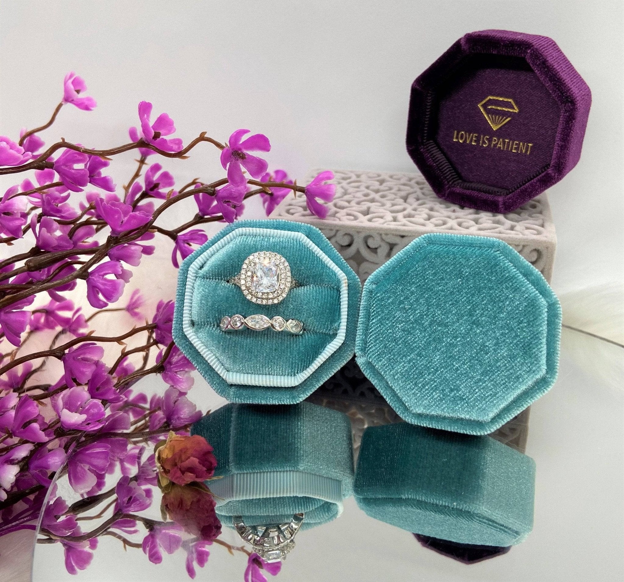 Aqua Blue Love Is Patient Double Ring Slots Octagon Velvet Ring Box-Black Diamonds New York