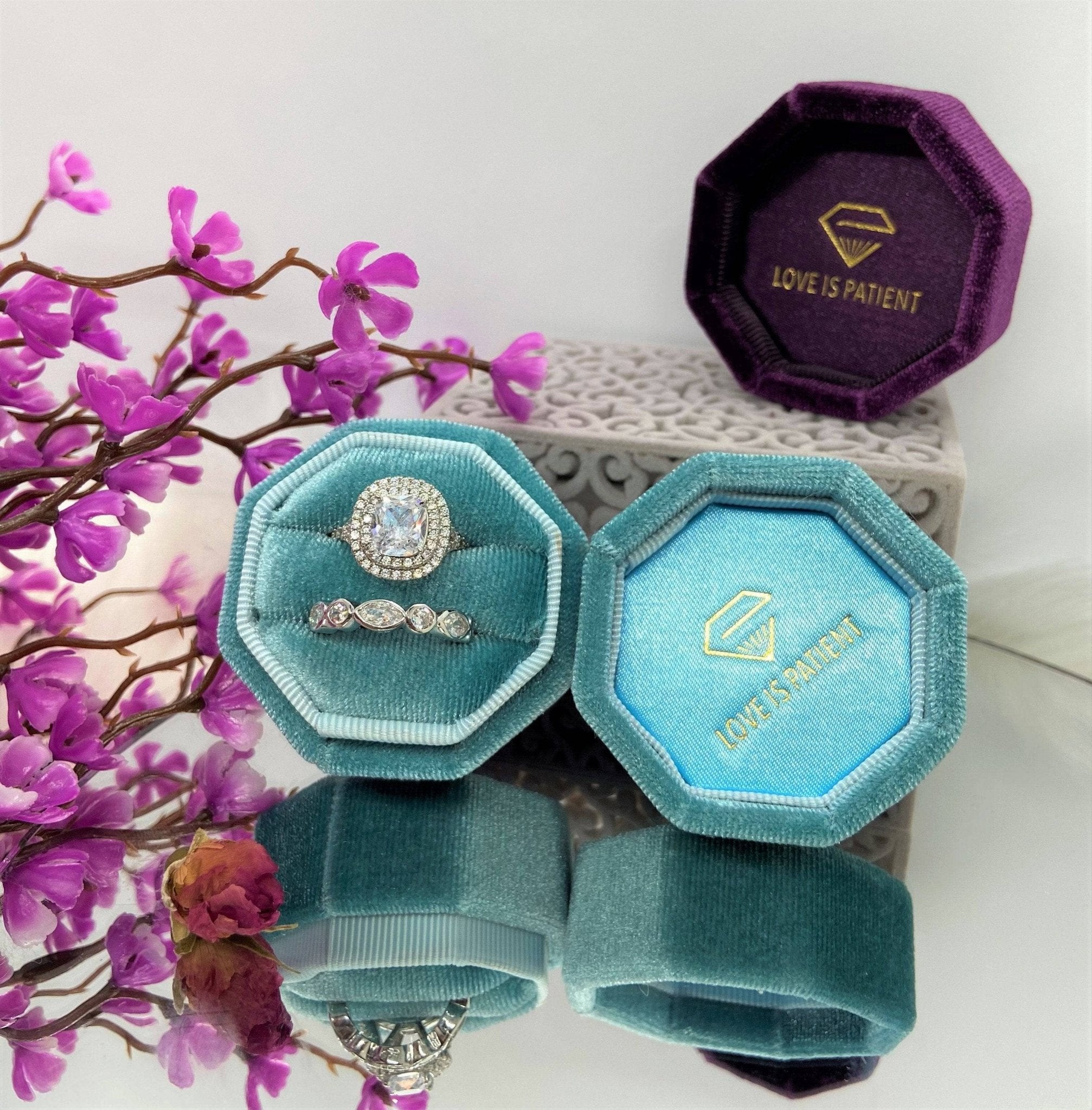 Aqua Blue Love Is Patient Double Ring Slots Octagon Velvet Ring Box-Black Diamonds New York