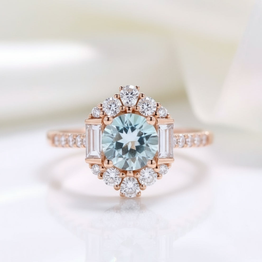 Aquamarine Birth Stone Engagement Ring-Black Diamonds New York