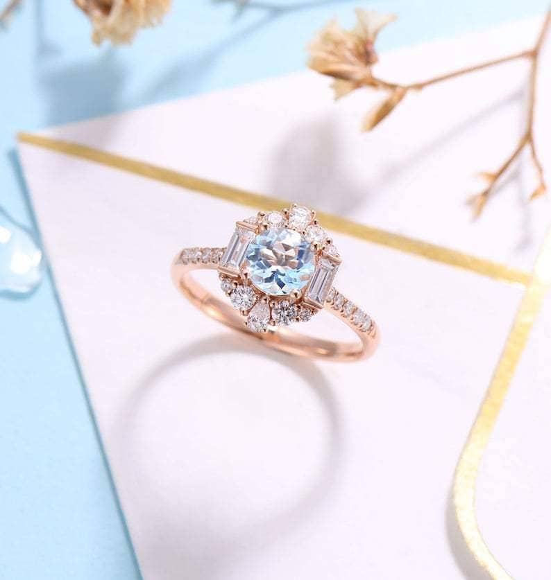 Aquamarine Birth Stone Engagement Ring-Black Diamonds New York