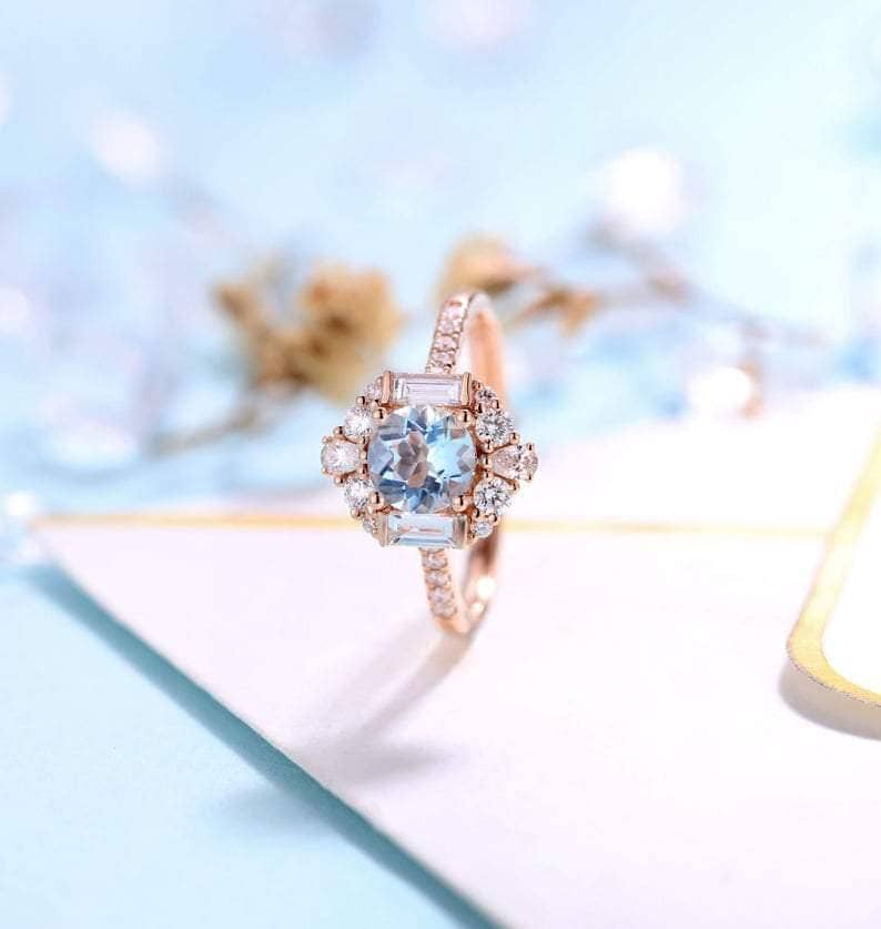 Aquamarine Birth Stone Engagement Ring - Black Diamonds New York