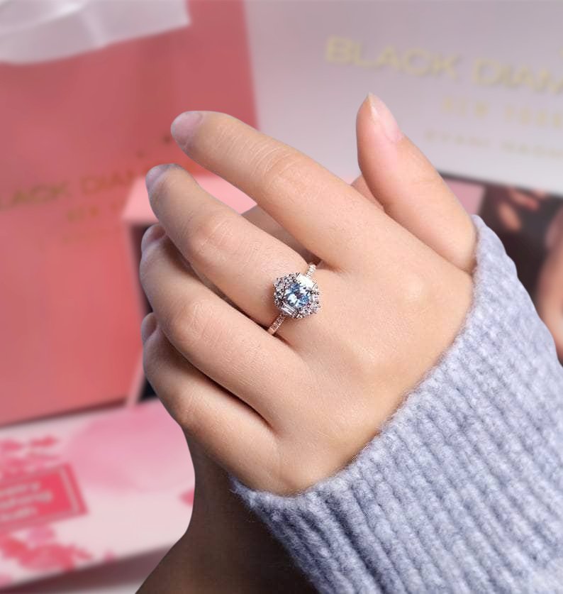 Aquamarine Birth Stone Engagement Ring - Black Diamonds New York