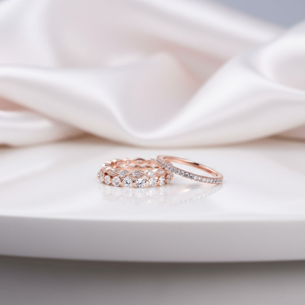 Art Deco 3-Pieces Stackable Wedding Band Set-Black Diamonds New York