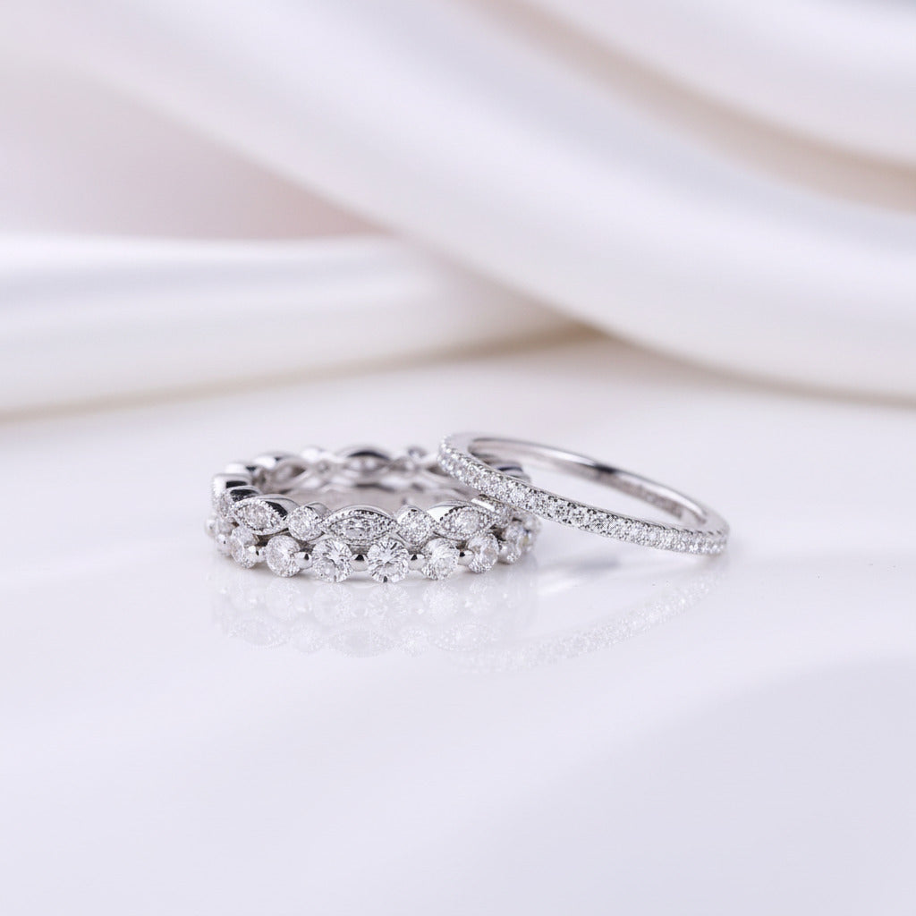 Art Deco 3-Pieces Stackable Wedding Band Set-Black Diamonds New York