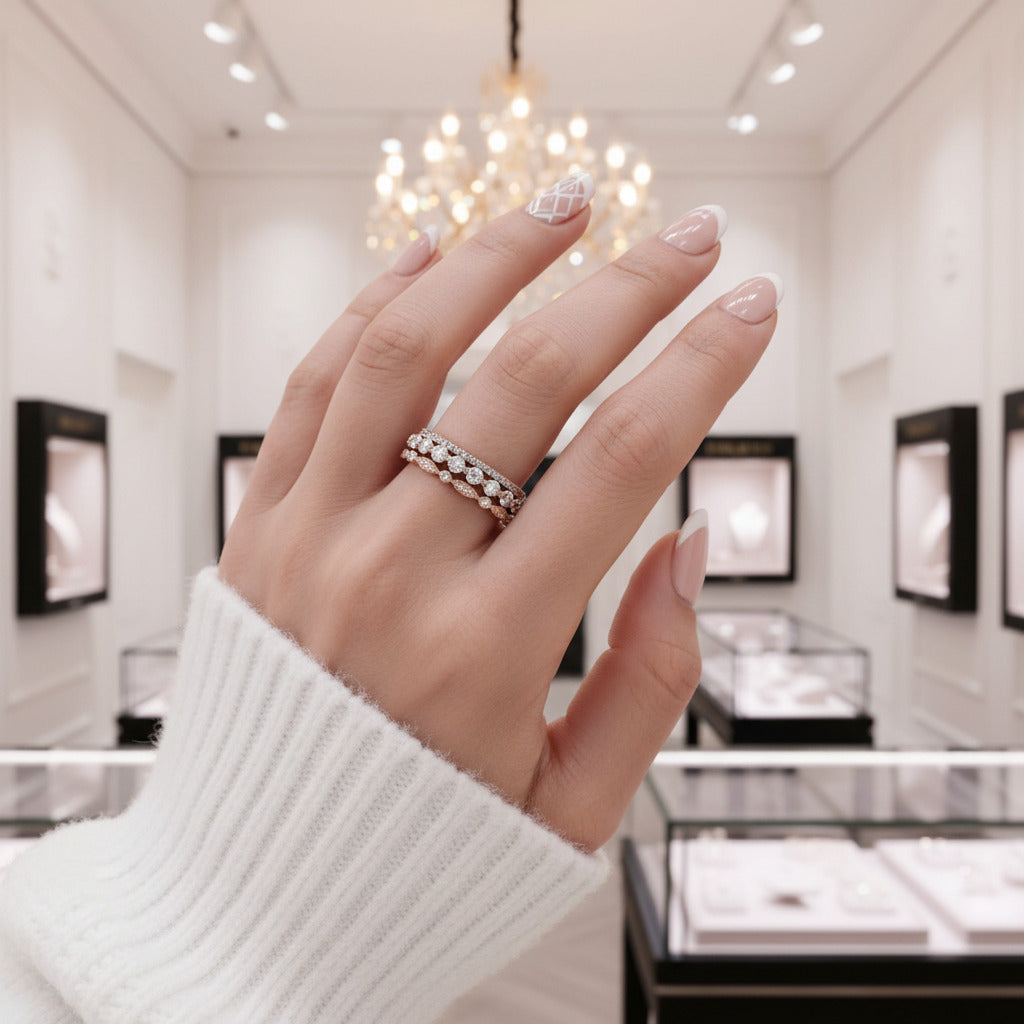 Art Deco 3-Pieces Stackable Wedding Band Set-Black Diamonds New York
