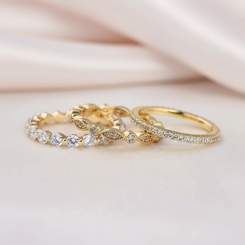 Art Deco 3-Pieces Stackable Wedding Band Set-Black Diamonds New York