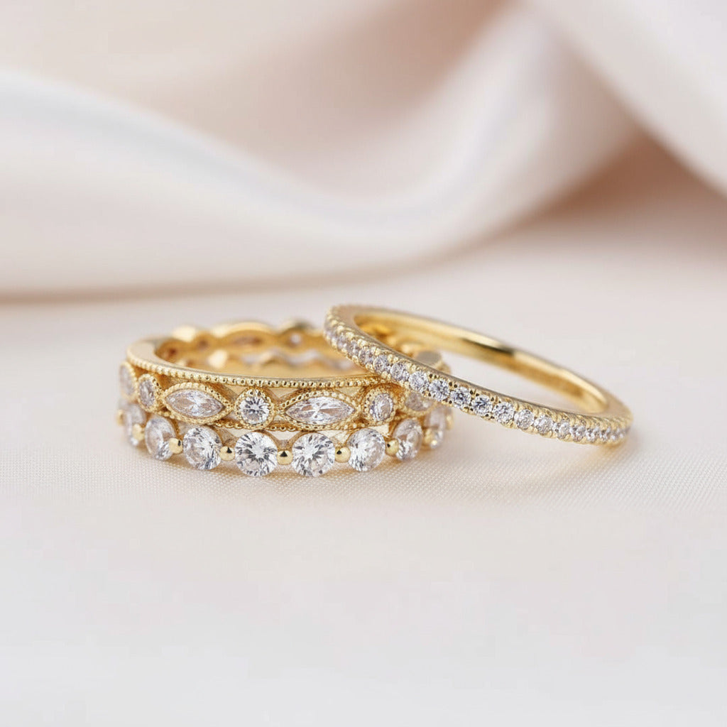 Art Deco 3-Pieces Stackable Wedding Band Set-Black Diamonds New York