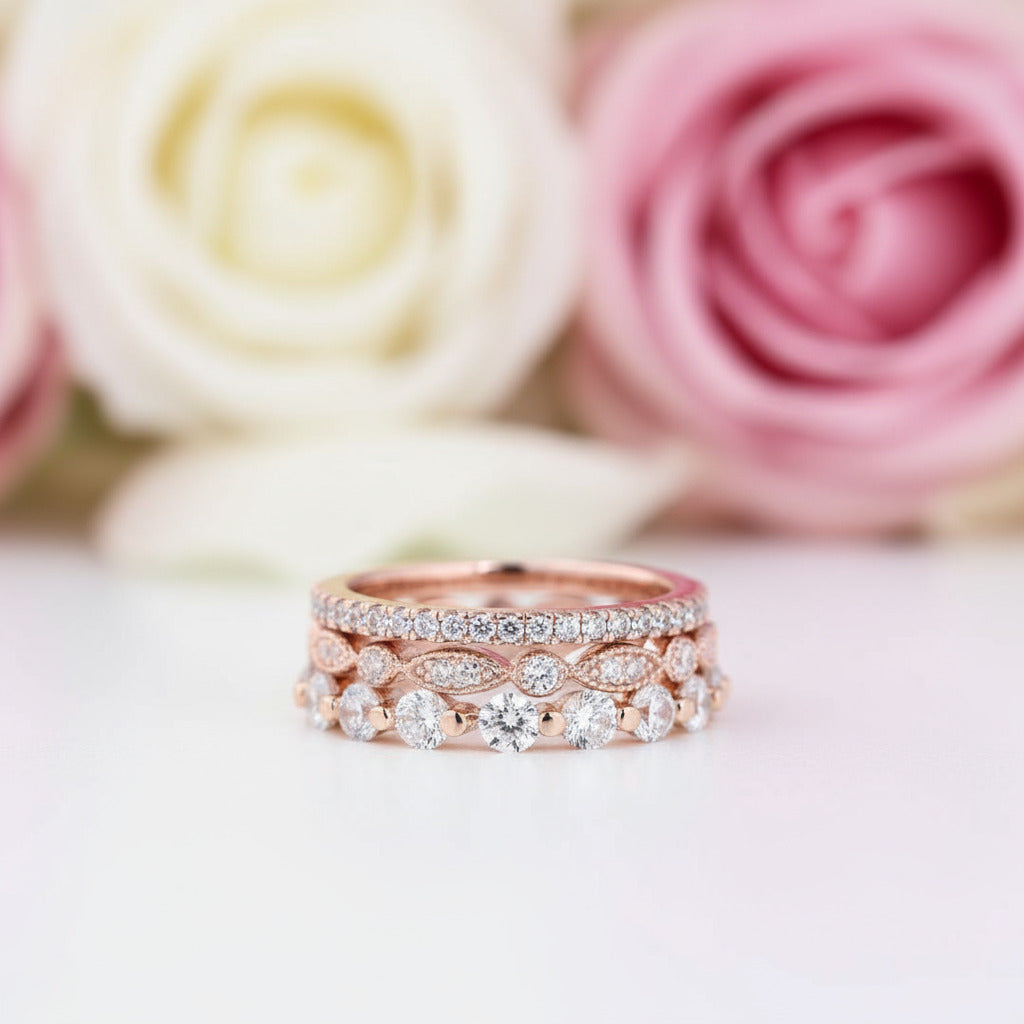 Art Deco 3-Pieces Stackable Wedding Band Set-Black Diamonds New York