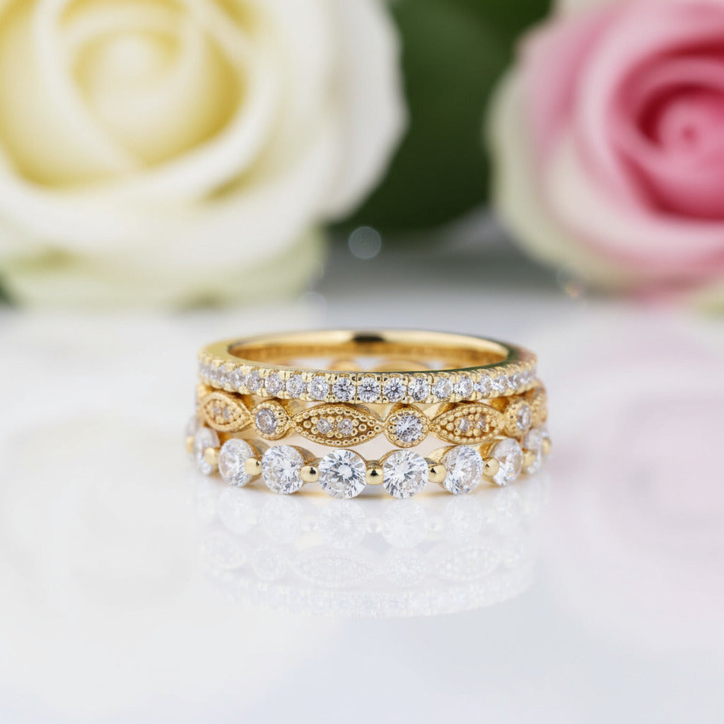 Art Deco 3-Pieces Stackable Wedding Band Set-Black Diamonds New York