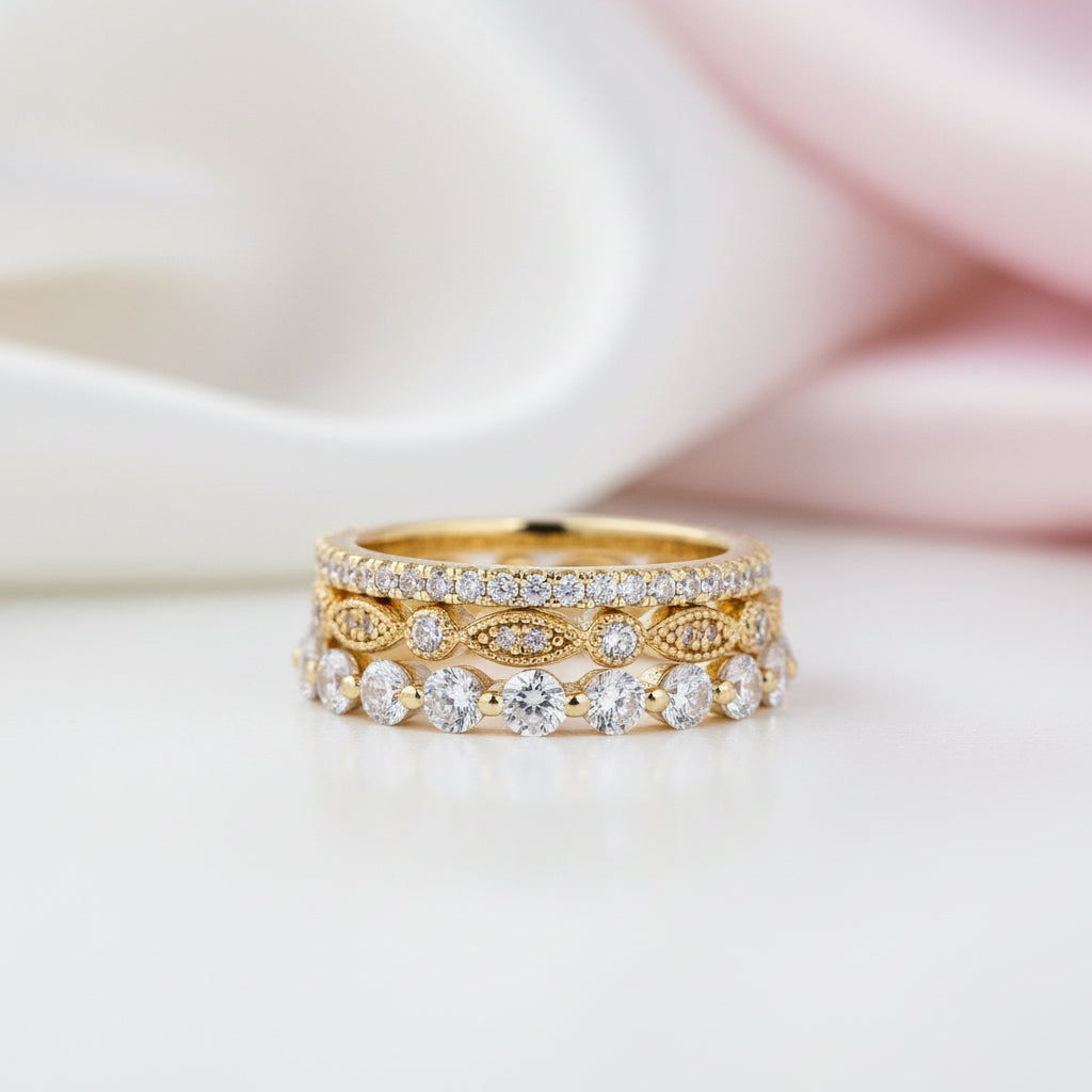 Art Deco 3-Pieces Stackable Wedding Band Set-Black Diamonds New York
