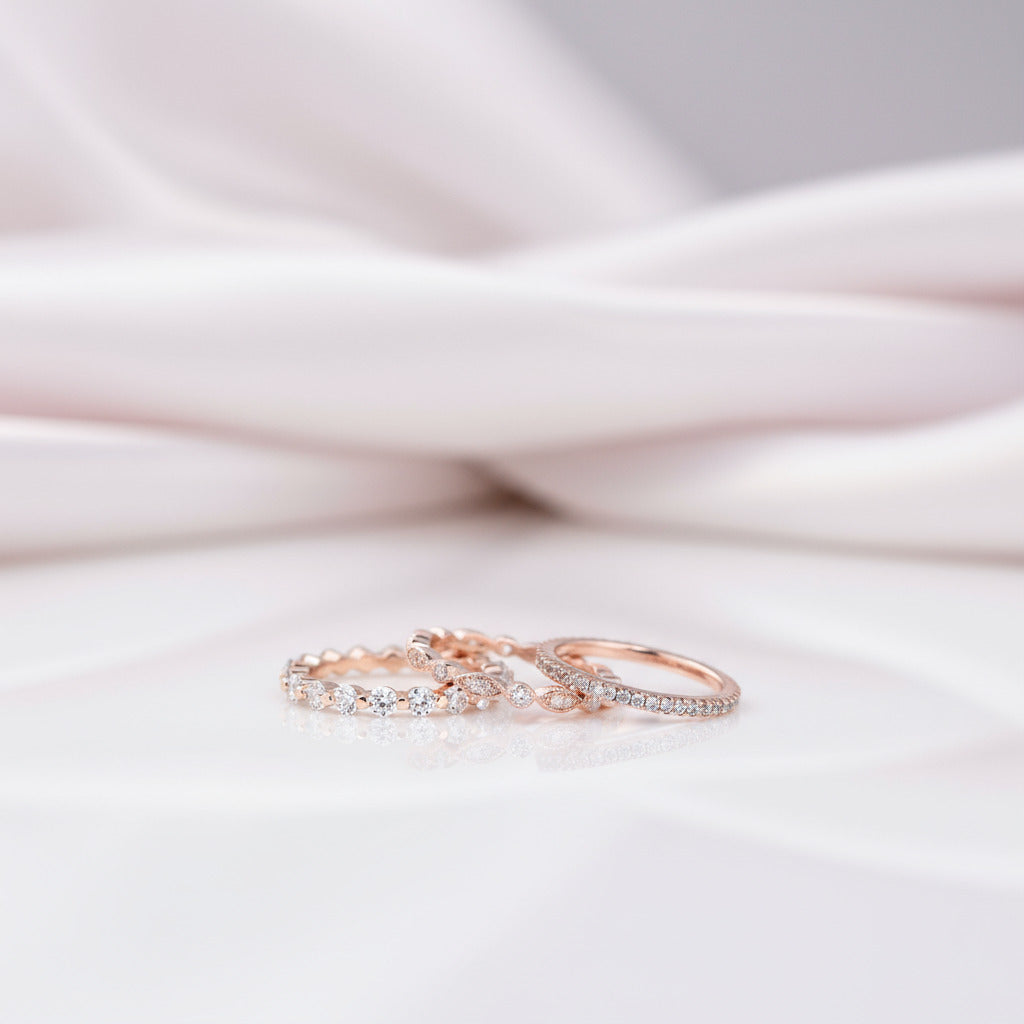 Art Deco 3-Pieces Stackable Wedding Band Set-Black Diamonds New York