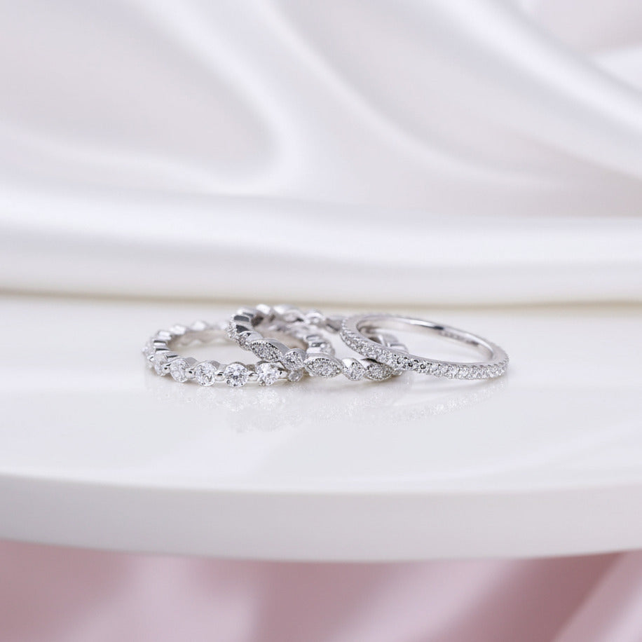 Art Deco 3-Pieces Stackable Wedding Band Set-Black Diamonds New York