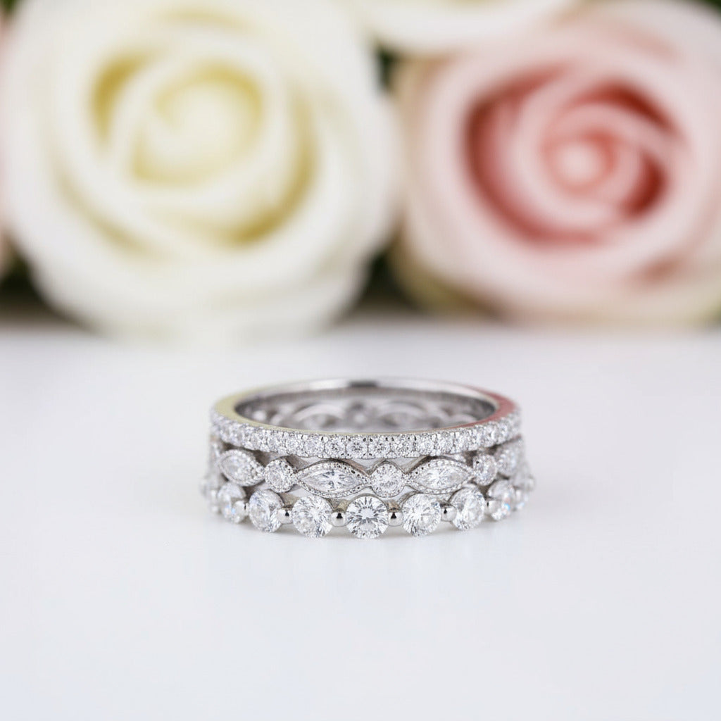 Art Deco 3-Pieces Stackable Wedding Band Set-Black Diamonds New York