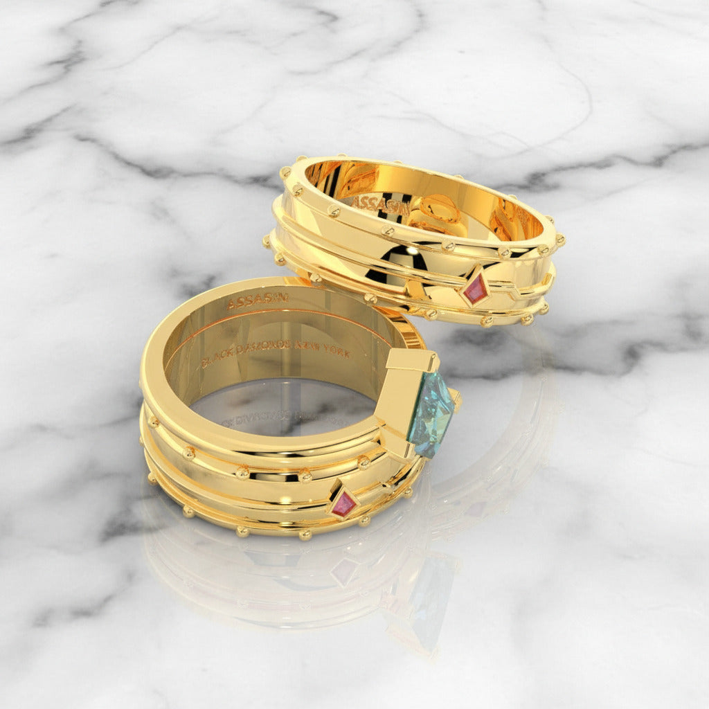Assassin's Promise Ring Set (Women)- 14k Yellow Gold Video Game Inspired Rings-Black Diamonds New York