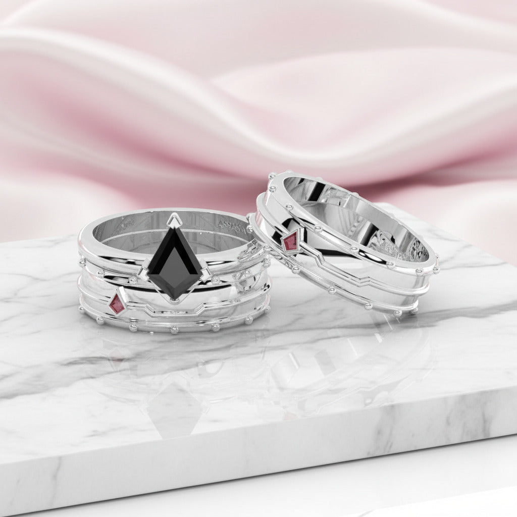 Assassin's Promise Ring Set (Women)- 14k Yellow Gold Video Game Inspired Rings-Black Diamonds New York