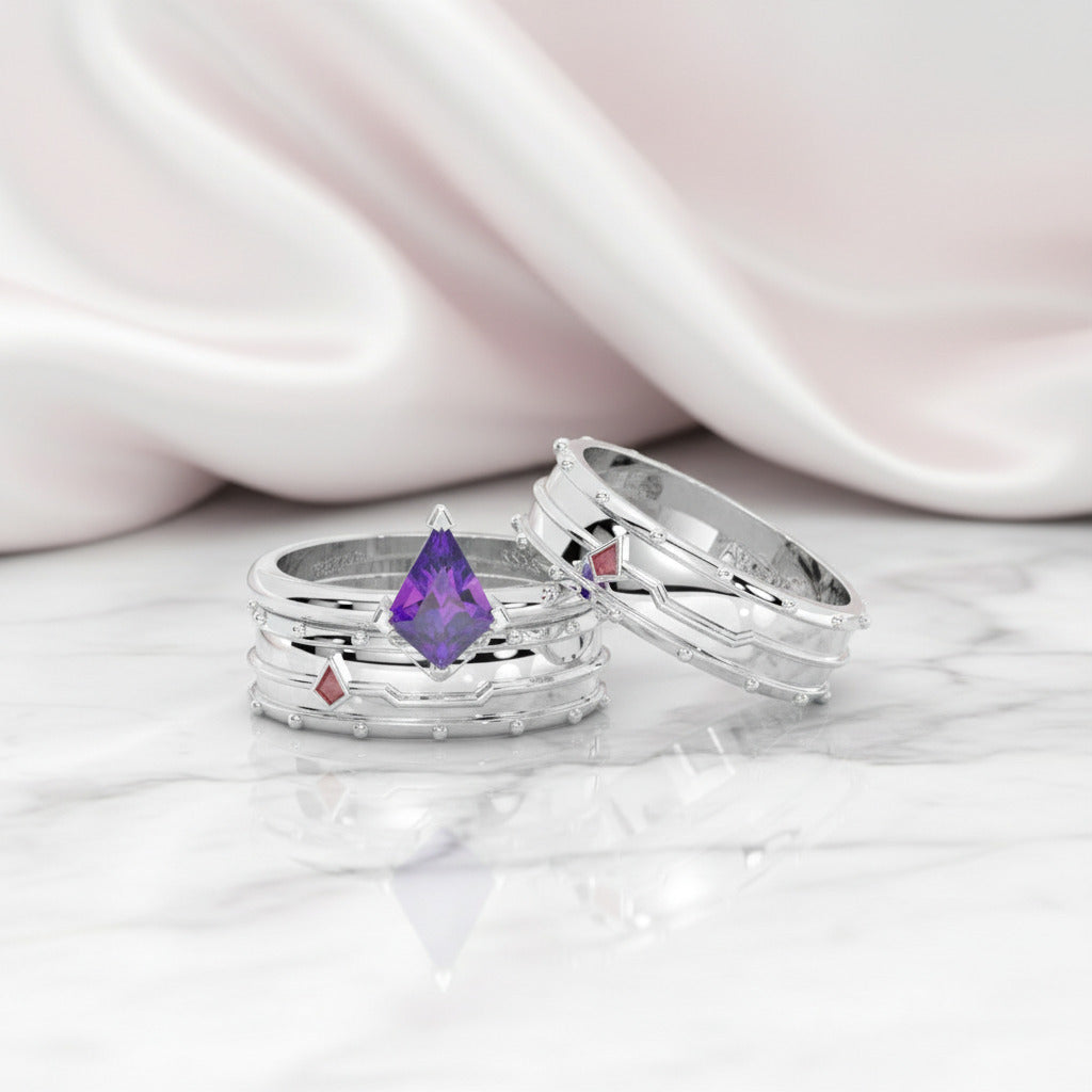 Assassin's Promise Ring Set (Women)- 14k Yellow Gold Video Game Inspired Rings-Black Diamonds New York