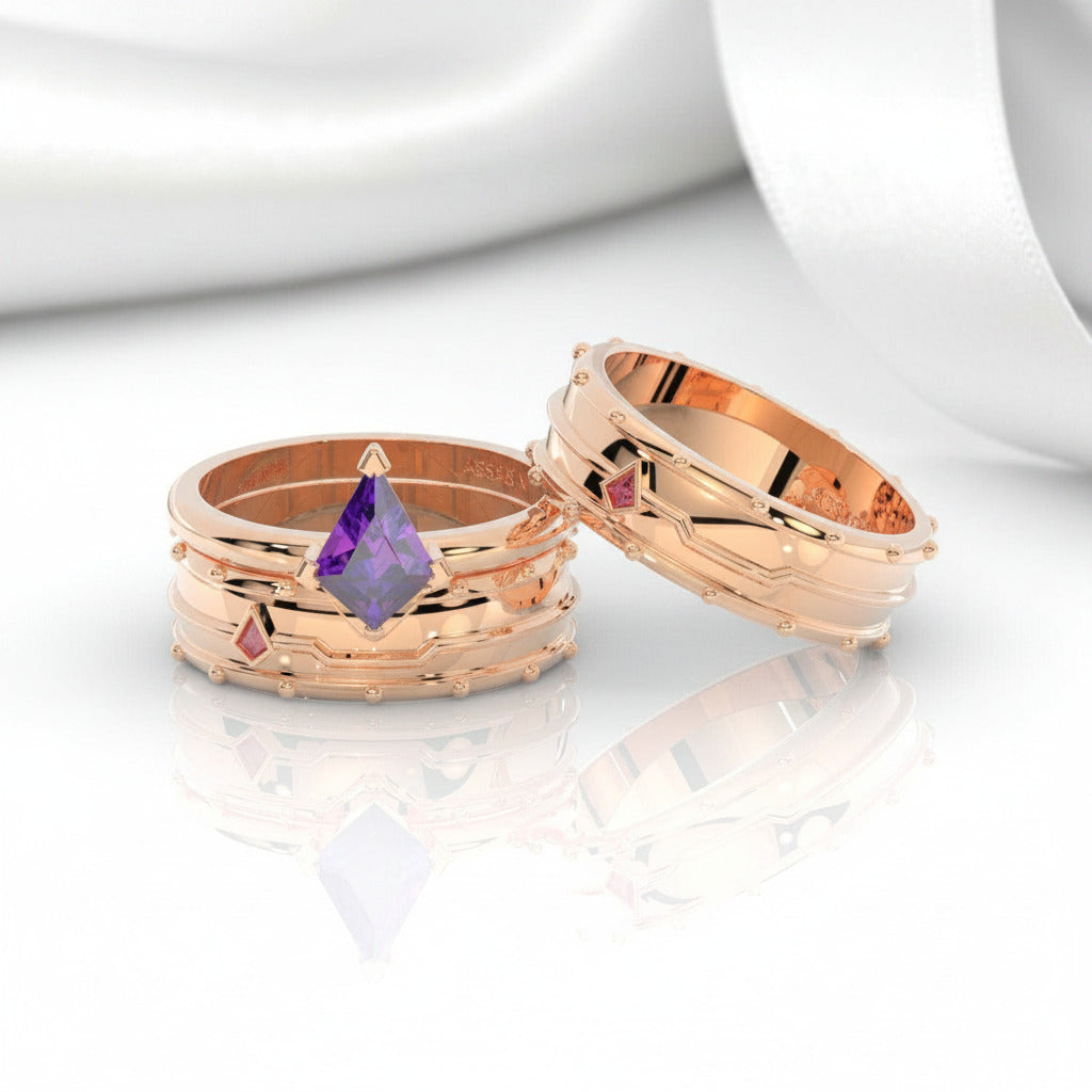 Assassin's Promise Ring Set (Women)- 14k Yellow Gold Video Game Inspired Rings-Black Diamonds New York