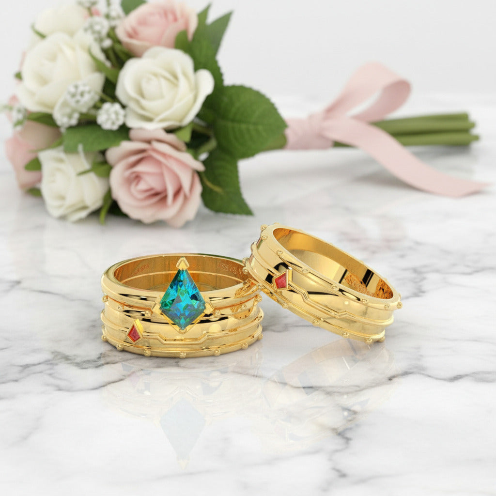 Assassin's Promise Ring Set (Women)- 14k Yellow Gold Video Game Inspired Rings-Black Diamonds New York