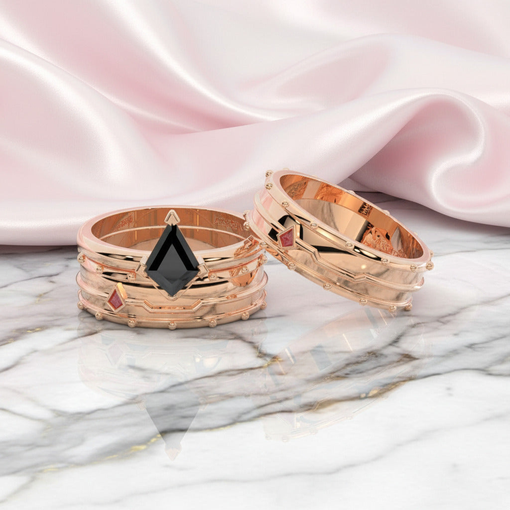 Assassin's Promise Ring Set (Women)- 14k Yellow Gold Video Game Inspired Rings-Black Diamonds New York